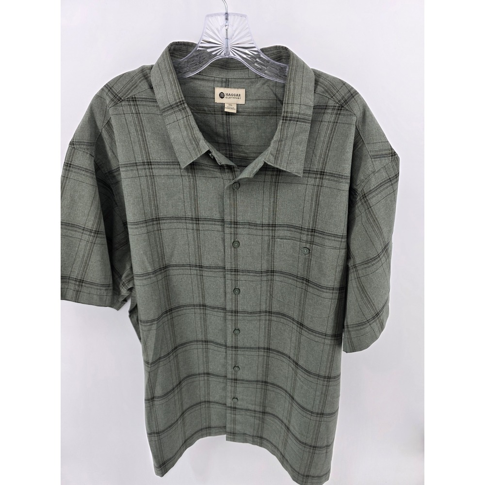 Haggar Mens XXL Sage Green Plaid Short Sleeve Button Front Shirt Pocket